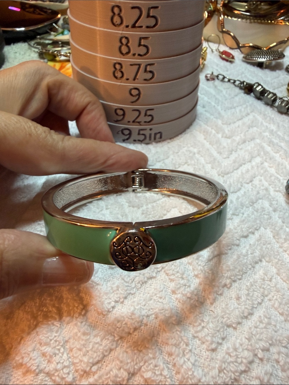 Green/Turquoise Enamel Hinged Bracelet with Decorative Medallion